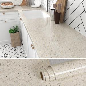 VEELIKE 354''x32'' Wide Cream Beige Granite Contact Paper for Countertops Waterproof Kitchen Countertop Peel and Stick Glossy Marble Wallpaper Peel and Stick Countertop Covers for Bathroom Table Desk
