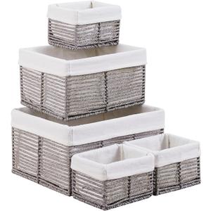 Vagusicc Wicker Storage Basket, Hand-Woven Paper Rope Wicker Baskets, Rectangular Small Wicke Baskets for Organizing, Cube Storage Bins for Closet/Clothes/Dresser, Grey, 5-Pack