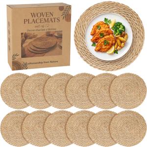 12 Pack 15IN Round Woven Placemats, Natural Bulrush Boho Farmhouse Mats