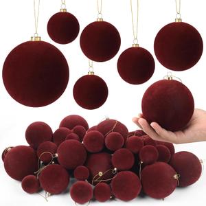 60 Packs Christmas Velvet Ball Ornaments 4 Sizes Velvet Balls Bulk Flocked Shatterproof Decorations for Holiday Xmas Tree Decor (Dark Red)
