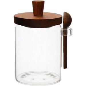 Sugar Bowl with Lid and Spoon,20 oz Sugar Container for Coffee Bar, Glass Coffee Canister, Airtight Food Storage Jar, Brown Sugar Container, Cereal Tea Salts Spice Jar (Flat)