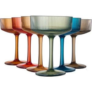 Khen Shatterproof Acrylic Ribbed Vintage Art Deco Martini, Champagne & Cocktail Muted Color Plastic Coupe Glasses | Set of 6 | 8 oz Ripple Glassware Classic Cocktail Indoor & Outdoor, European Style