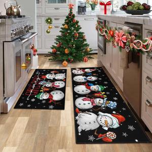 Christmas Kitchen Mats Set of 2, Merry Christmas and Happy New Year Home Kitchen Decoration Non-Slip Floor Mat Sets, Winter Snowman Rugs, Washable Microfiber Kitchen Carpet 17x30 + 17x47 Inch