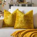 Set of 2 Mustard Yellow Decorative Velvet Throw Pillow Covers 20x20 Inches, Soft Neutral Accent Pillow Cases with Vintage Textured Farmhouse Couch Cushion Covers for Luxurious Home Decor