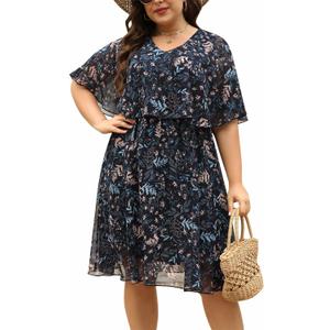 Keluummi Plus Size Summer Wedding Guest Dress for Curvy Women, Casual Boho Floral Empire Waist Midi Flowy Dress with Sleeve (Black, XXXL)