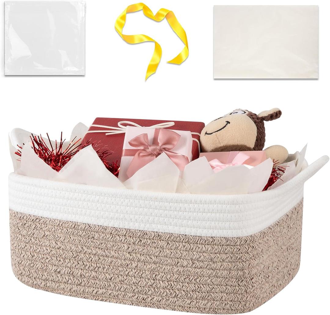 OIASKET Basket for Gifts Empty, Woven Storage Basket with Gift Bag, Ribbon and Wrap Tissue Paper, Small Rope Toy Storage with Handles for Baby Shower, Dog Toy Organizer, 13.6" x 10" x 5.9 (Brown & White)