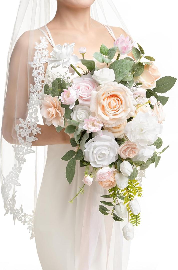 Ling's Moment Blush Pink Bridal Bouquet Cascading, Coral Wedding Bouquets for Bride, 13 Inch Bride Bouquets for Wedding Artificial Flowers Bouquets (Pk-cream & Blush)