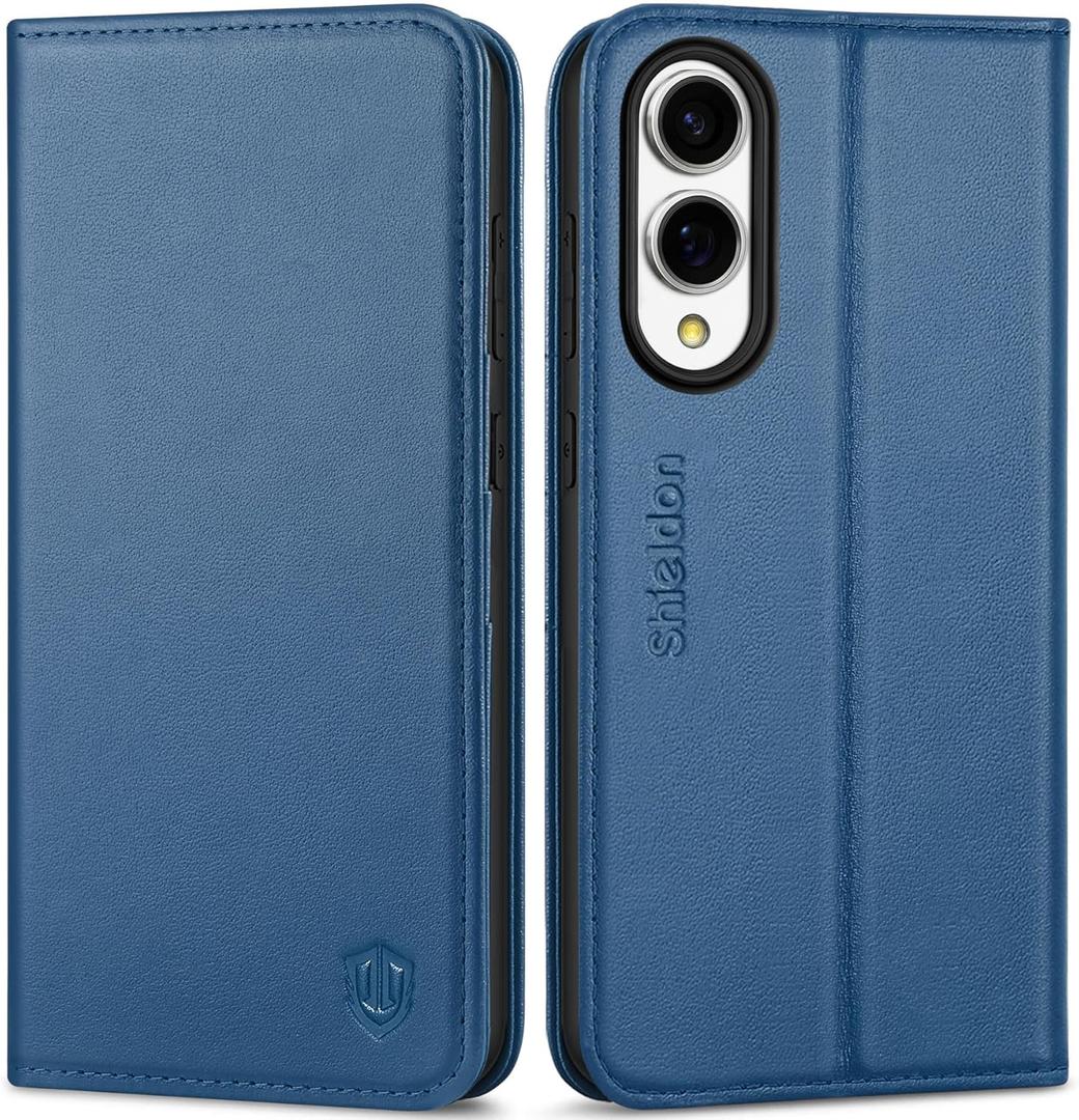 SHIELDON Case for Galaxy S25 Edge 6.7", Genuine Leather Wallet Magnetic Case with RFID Blocking Card Holder Kickstand Shock Absorbing Cover Compatible with Galaxy S25 Edge 2025 - Nappa Royal Blue