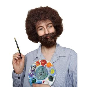 ALLAURA Compatible with Painter Ross Wig  80s Curly Brown Afro Wig & Beard Set for Men & Women  Realistic, Non-Itchy Costume Hairpiece for Halloween, Art Teacher Cosplay, Retro Funny Party Outfits