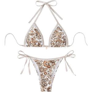 WDIRARA Women's 2 Piece Boho Swimsuits Floral Print Halter String Triangle Bikini Set Beach Bathing Suit ( Multicolor, Small)