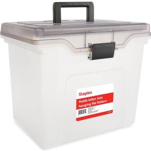 Staples File Box Portable Storage Tote, Letter Size, Clear Plastic
Includes lid, handle, and organizer tray for letter-size hanging files.
