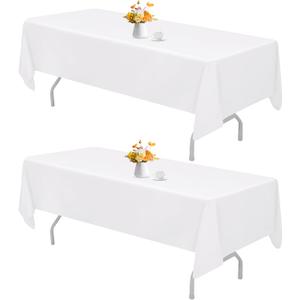2 Pack 60 x 84 Inch White Rectangle Tablecloth for 6 Foot Table Washable Reusable Outdoor Polyester Fabric Decorative Table Cover for Dining, Buffet, Camping, Baby Shower, Party