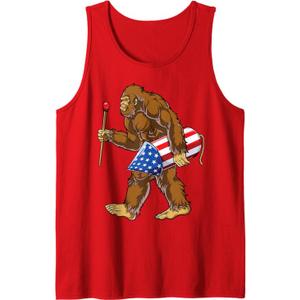 Bigfoot Fireworks 4th Of July Funny Boys Men Sasquatch Lover Tank Top, Red, S