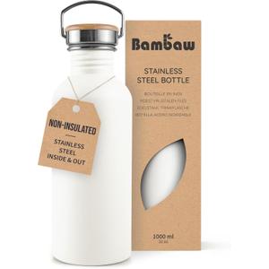 Bambaw Metal Water Bottle, White Water Bottle, Reusable Non-Insulated Sports Bottle, 1 Litre Stainless Steel Bottle, 1 Litre Stainless Steel Bottle  Polar White (32 oz)