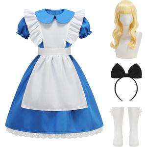 Princess Dress Wonderland Costume for Girls Halloween Dress Up Outfits with Wig (140(7-8T), Blue)