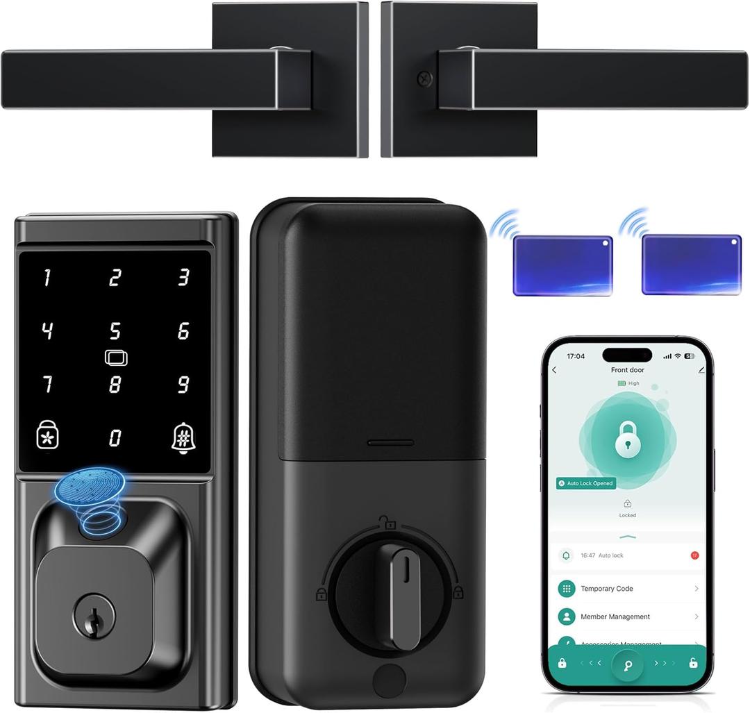 Smart Deadbolt Lock with 2 Lever Handles, Keyless Entry Door Lock Set, Fingerprint, Touchscreen Keypad, APP Control, Temporary Passcode, Auto Lock, IP54 Waterproof, Easy Install for Front Door