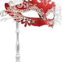 Coddsmz Masquerade Mask with Stick Venetian Mask Mardi Gras Decorations for Womens Halloween Costume Mask, Red and Silver