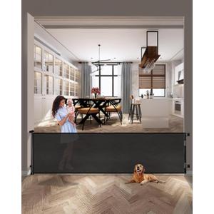 AOURMKOOP 118 Inch Extra Wide Retractable Baby Gate,Mesh Large Gate or Mesh Pet Dog Gate, Opening Wide Extra Long Child Safety Gate for Indoor Baby Fence, Outdoor, Stairs, Deck (Black)