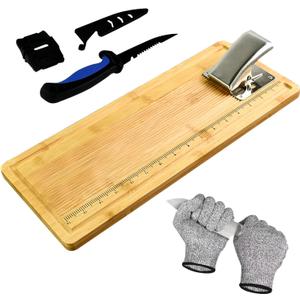18" Bamboo Fish Cleaning Board Kit Anti-slip Fish Cutting Board Set Fish Filet Board with Scale Fish Measure Board Include Fish Fillet Knife, Clamp, Sharpener,Gloves, Fisherman Gifts