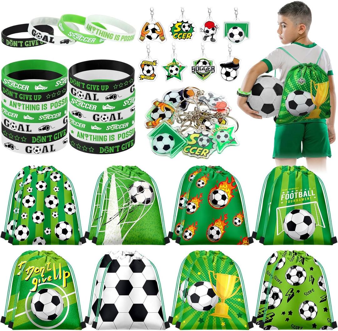 Talltalk 48 Pcs Soccer Party Favors Gifts Sets Kids Soccer Team Gift 16 Sets Green Goodie Bags Stuffers Drawstring Backpack Candy Snack Bag Motivational Wristband Keychains Birthday Party Supply Decor