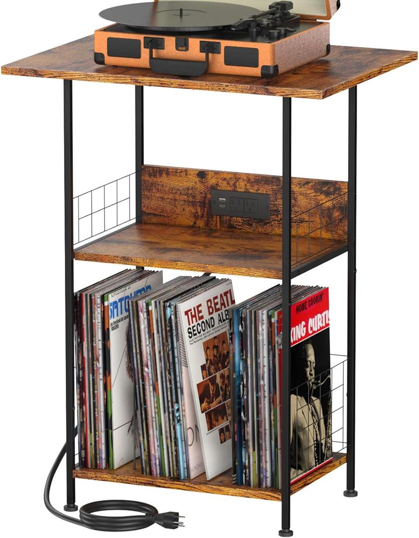 Large Record Player Stand Up to 200 Albums, Vinyl Stand End Table Storage Rack with Charging Station - Turntable Stand 3-Tier Record Player Table for Living Room Bedroom (Rustic Brown)