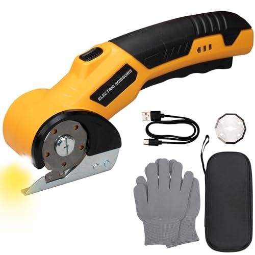 Cordless Electric Scissors - High Speed Cardboard Cutter, 4.2V 2000mAh Rechargeable Rotary Cutter with Safety Lock & LED Light, Cardboard Cutter for Cutting of Fabric, Leather, Carpet, Plastic