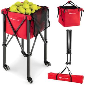 Goplus Foldable Tennis Ball Hopper, Lightweight Aluminum Tennis Ball Basket with Wheels, Removable Bag, Side Pockets, Carry Bag, Portable Sports Teaching Cart Holds 150 Tennis Balls (Red)