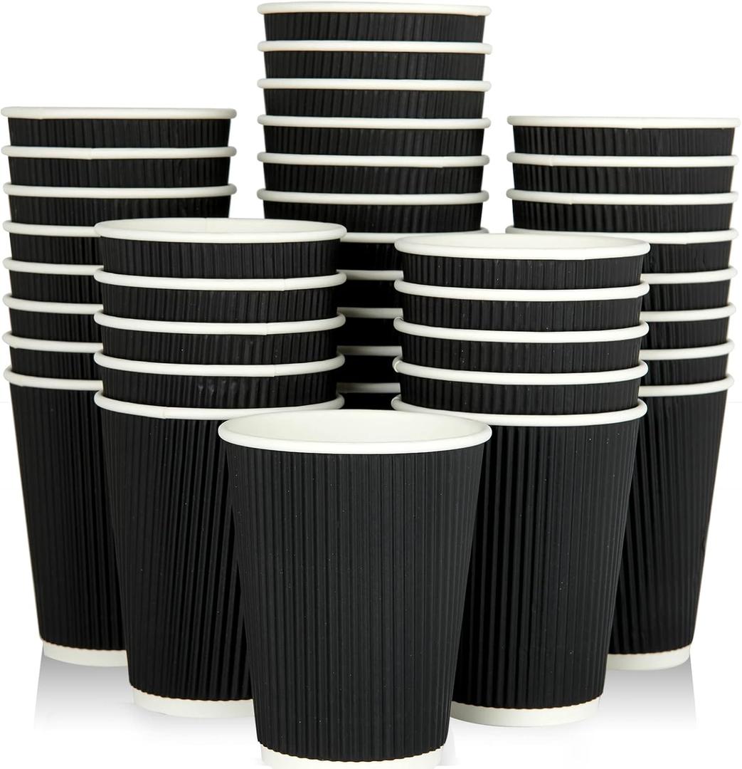 JollyPack 60 Pack 12 oz Paper Coffee Cups, Black Disposable Beverage Cups with Insulated Ripple Wall for Coffee, Tea, and Hot Chocolate