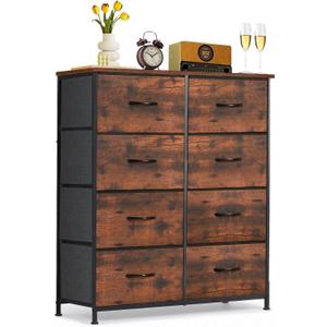 8-Drawer Dresser for Bedroom, Anti-Tip Tall Storage Organizer Chest of Drawers with Wooden Top and Metal Frame Fabric Bins for Closet, Living Room, Hallway, Entryway, Brown, 11.8"D x 31.4"W x 36.3"H