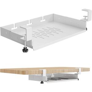 BYMECOST No Drill Under Desk Storage Shelf, Metal Under Desk Drawer Organizer with Clamp, Mount Under Desk Shelf Adds Tray, Desk Drawer for Office Desks, Table, Gaming Desk, Workstations (White)