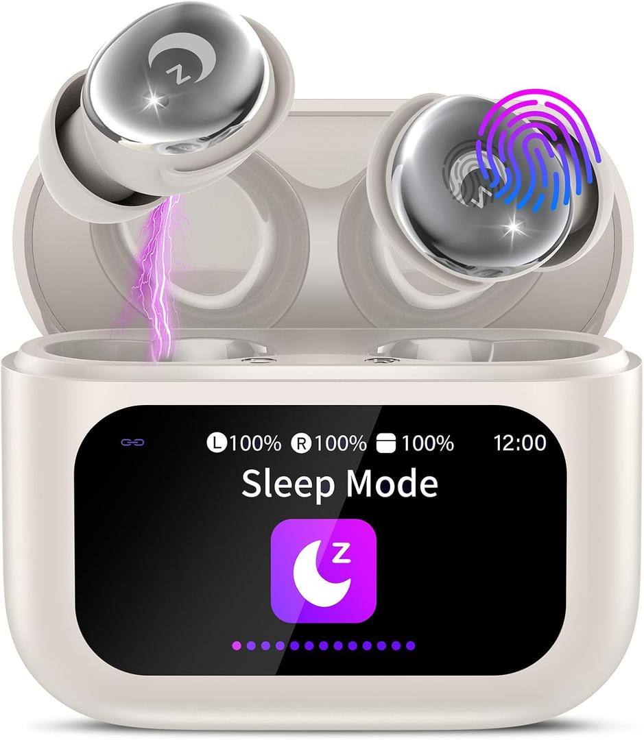 VEKJ Sleep Earbuds, Bluetooth 5.4 in Ear Smart Touch Screen Earbuds, 48H Sleep Headphones Small Design for Side Sleepers, Crystal-Clear Calls Ear Buds, 5 EQ Modes, IPX7 Waterproof Earphones Bee White