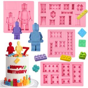 Building Blocks Cake Decorating Fondant Molds (4Pcs), Robot Chocolate Silicone Mold, Birthday Party Baking Tools, Candy Mousse Biscuit Butter Jelly Gum Sugar Craft Epoxy Resin Clay Gypsum