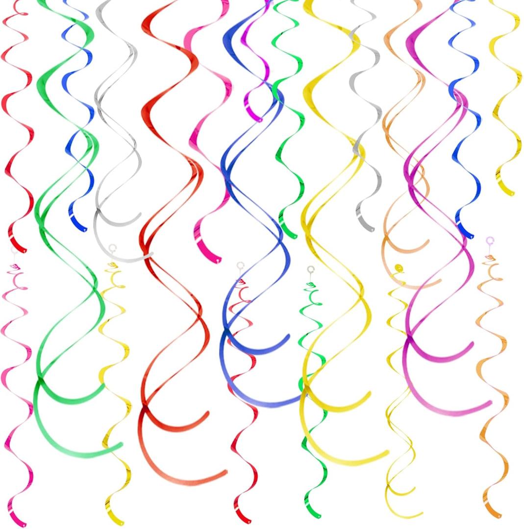 Colorful Ceiling Swirl Foil Decorations Hanging Plastic Streamer Themed Swirl Party Decoration for Wedding Thanksgiving Day Graduation Celebration, Pack of 28 (Muticolor 1)