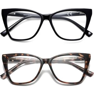 LKEYE Oversized Reading Glasses For Women Cat Eye Computer Blue Light Blocking Reader Stylish Ladies Designer Fashion Large Unbreakable Eyeglasses 2pack Black Leopard LK6042 + 1.00 x