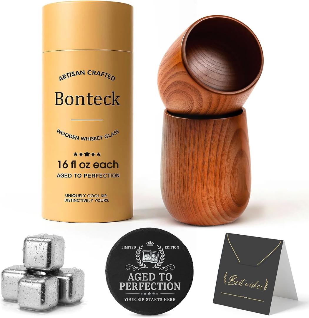 Bonteck Wooden Bourbon Drinking Glass | Bourbon Gifts for Men | Large Old Fashioned Glass | 16 oz Wooden Whiskey Tumbler | Birthday Whiskey Gifts for Men, Husband, Dad or Brother (2 Pack, Natural)
