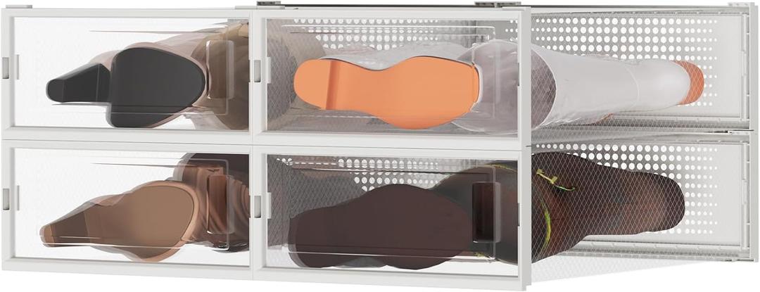 4 Pack Stackable Shoe Storage Boxes, Plastic Shoe Organizer Drawers Bins for Closet, Ventilated Shoe Containers with Lids for Sneakers, Heels and Boots, Clear