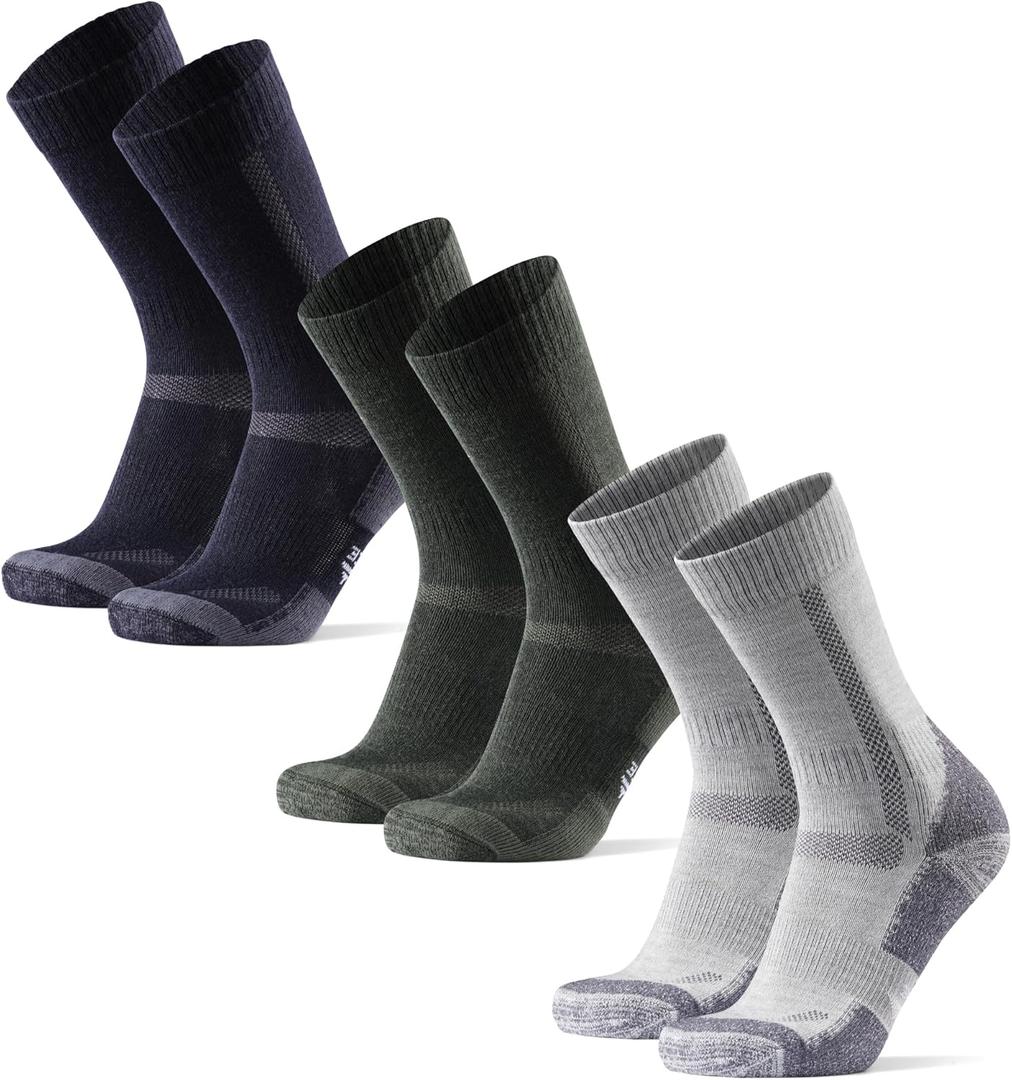 DANISH ENDURANCE Merino Wool Hiking Crew Socks for Men & Women, Cushioned Anti-Blister, Breathable - 3 Pairs (Large, Multicolor: Navy, Grey, Green)