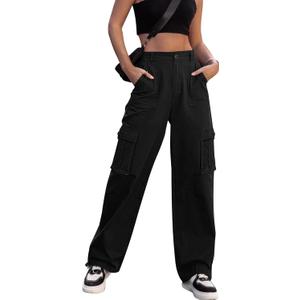 ZMPSIISA Women High Waisted Cargo Pants Wide Leg Casual Pants 6 Pockets Combat Military Trousers (X-Small, Black)