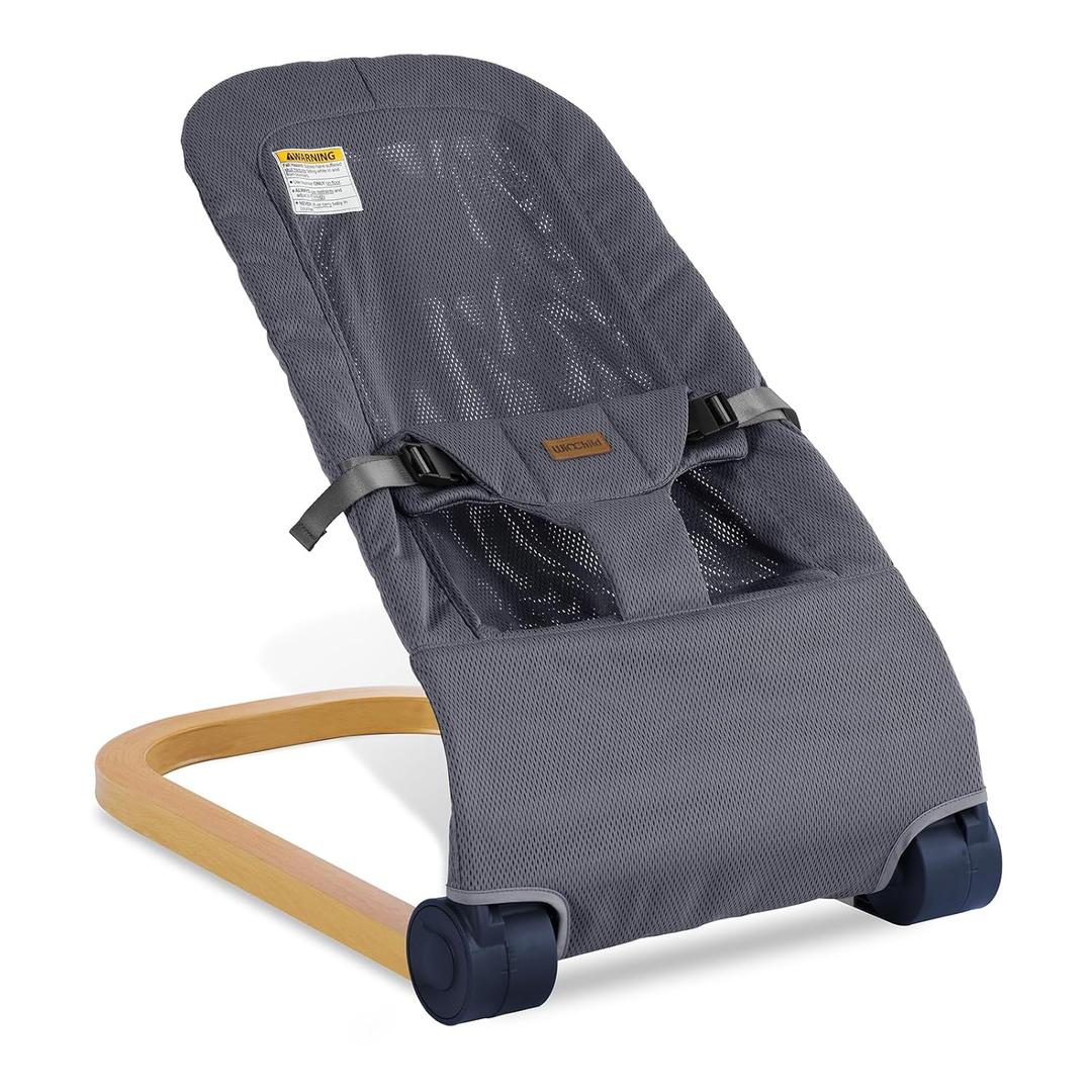 Baby Bouncer,Portable Baby Bouncer Seat & Foldable with 3 Height Adjustments, Ergonomic Bouncer for Babies 0-6 Months, Wood Grain Style, Natural Vibrations, Includes Storage Bag (Mesh Grey)