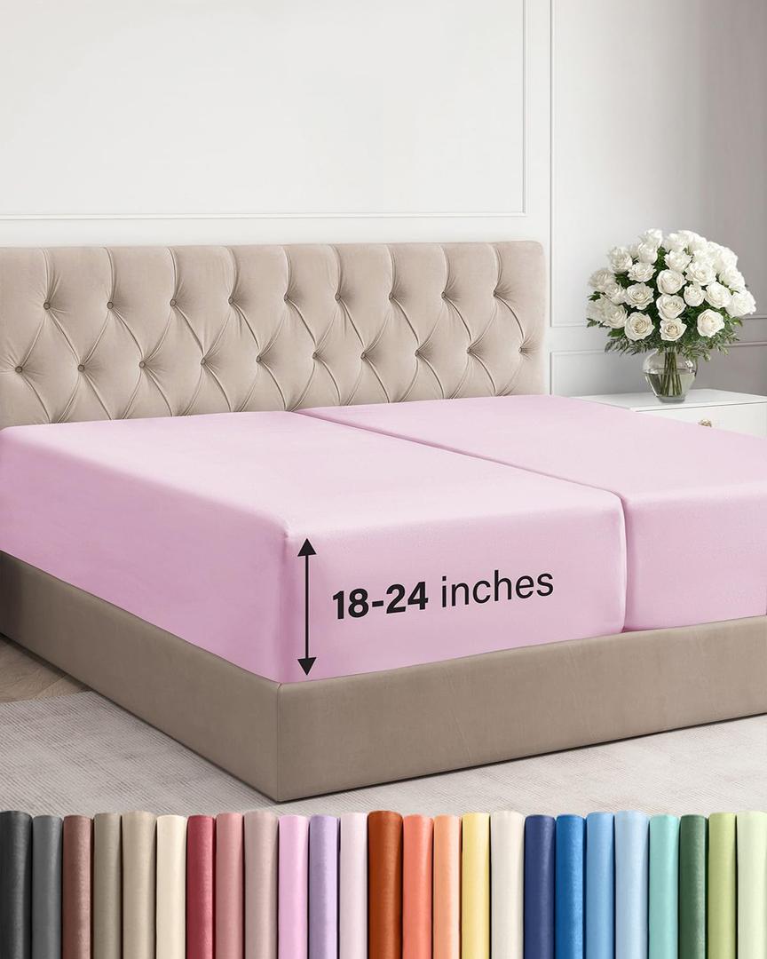 Extra Deep Split King Fitted Sheet - Hotel Luxury Single Fitted Sheet Only - Easily Fits 18 inch to 24 inch Mattress - Ultra Soft, Wrinkle Free w/Extra Deep Pockets - Breathable & Comfy - Light Pink