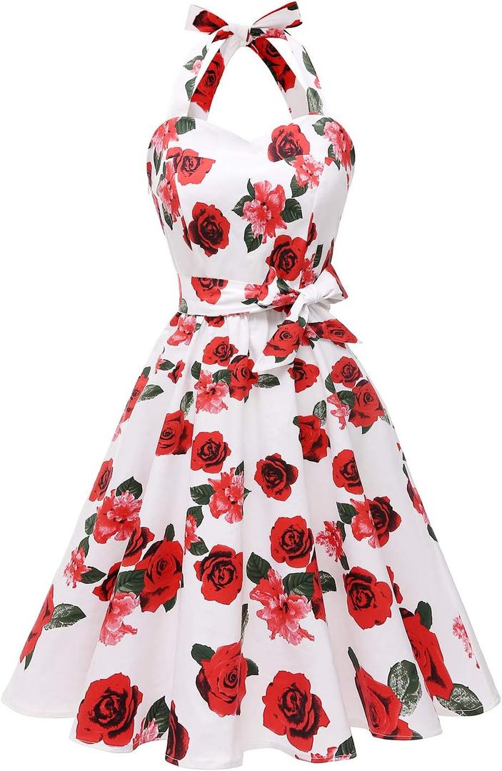 Topdress Women'sVintage Polka Audrey Dress 1950s Halter Retro Cocktail Dress (Medium, White Rose)