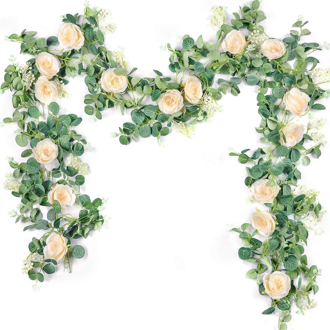 Der Rose 2Pcs 13FT Artificial Eucalyptus Flower Spring Garland with Fake Rose Flower Vine Seeded Eucalyptus Leaves Greenery Garland for Wedding Table Backdrop Party Centerpiece Room Decor (Champagne)