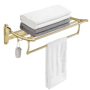 BESy Towel Racks with Foldable Towel Bar Hooks, Wall Mounted Brushed Gold