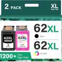 62XL 62 Ink Cartridges Black and Color Combo Pack Envy 7640 Remanufactured Replacement for HP 62XL 62 Ink Envy 5660 5540 7645 5740 5746 OfficeJet 250 200 Printer,Black,Tri-Color,2-Pack
