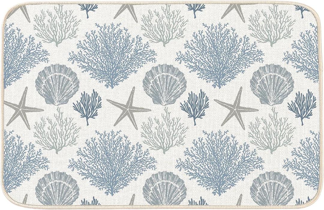 MATIRUG Coastal Beach Door Mat Coral Starfish Seashells Pattern Indoor Outdoor Doormat Non Slip Washable Low Profile Entrance Rug for Front Door Backdoor,Ocean Bathroom Summer Decor 16"x24"