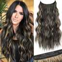 KooKaStyle Invisible Wire Hair Extensions with Transparent Headband Adjustable Size 4 Secure Clips Long Wavy Secret Wire Hairpiece 20 Inch for Women(Black with Blonde Highlights)