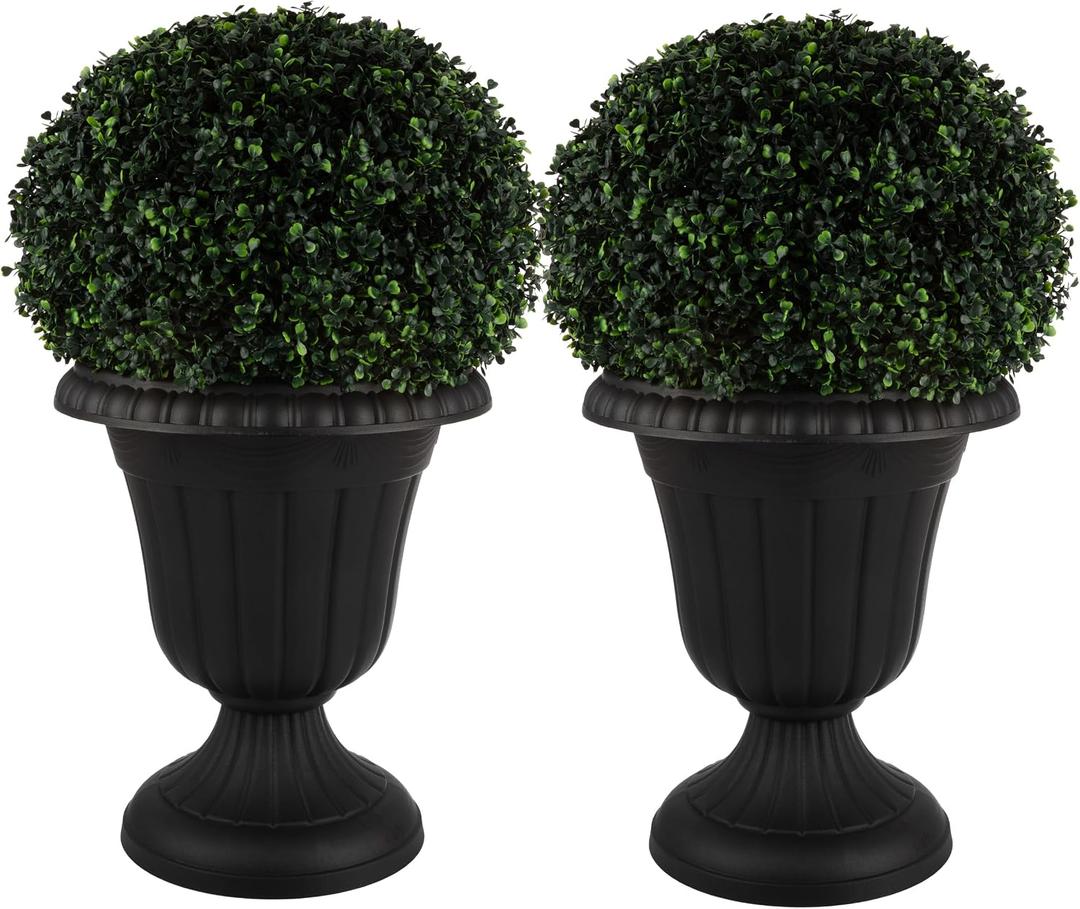 Outdoor Planter 2-Pack - 16x18-Inch Urn Planters - Plastic Plant Pots for Indoor, Outdoor, or Front Porch Decor - Flower Pots by Pure Garden (Black)