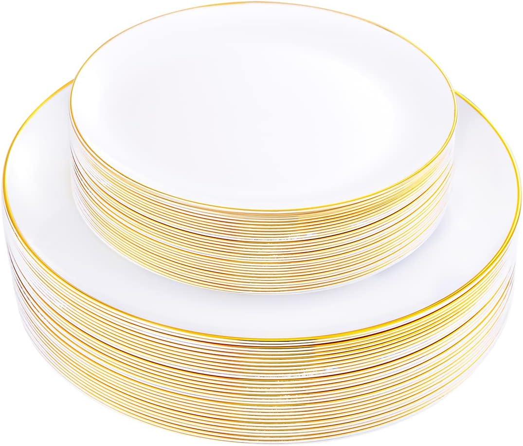 KIRE 60PCS Gold Plastic Plates - Heavy Duty White Disposable Plates with Gold Rim for Party/Wedding/Mother's Day - Include 30Pieces 10.25inch Gold Dinner Plates and 30Pcs 7.5inch Dessert Plates