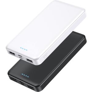 [2 Pack] Portable Charger Power Bank 20000mAh,Ultra Slim Compact External Battery Pack with USB C Input & Dual USB Outputs Backup Charger Compatible with iPhone 13,12, Samsung S20,Tablet -Black+ White