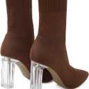Shoe'N Tale Women's Knit Sock Ankle Boots Pointed Toe Clear Mid Heel Slip-on Stretch Booties Shoes (9)